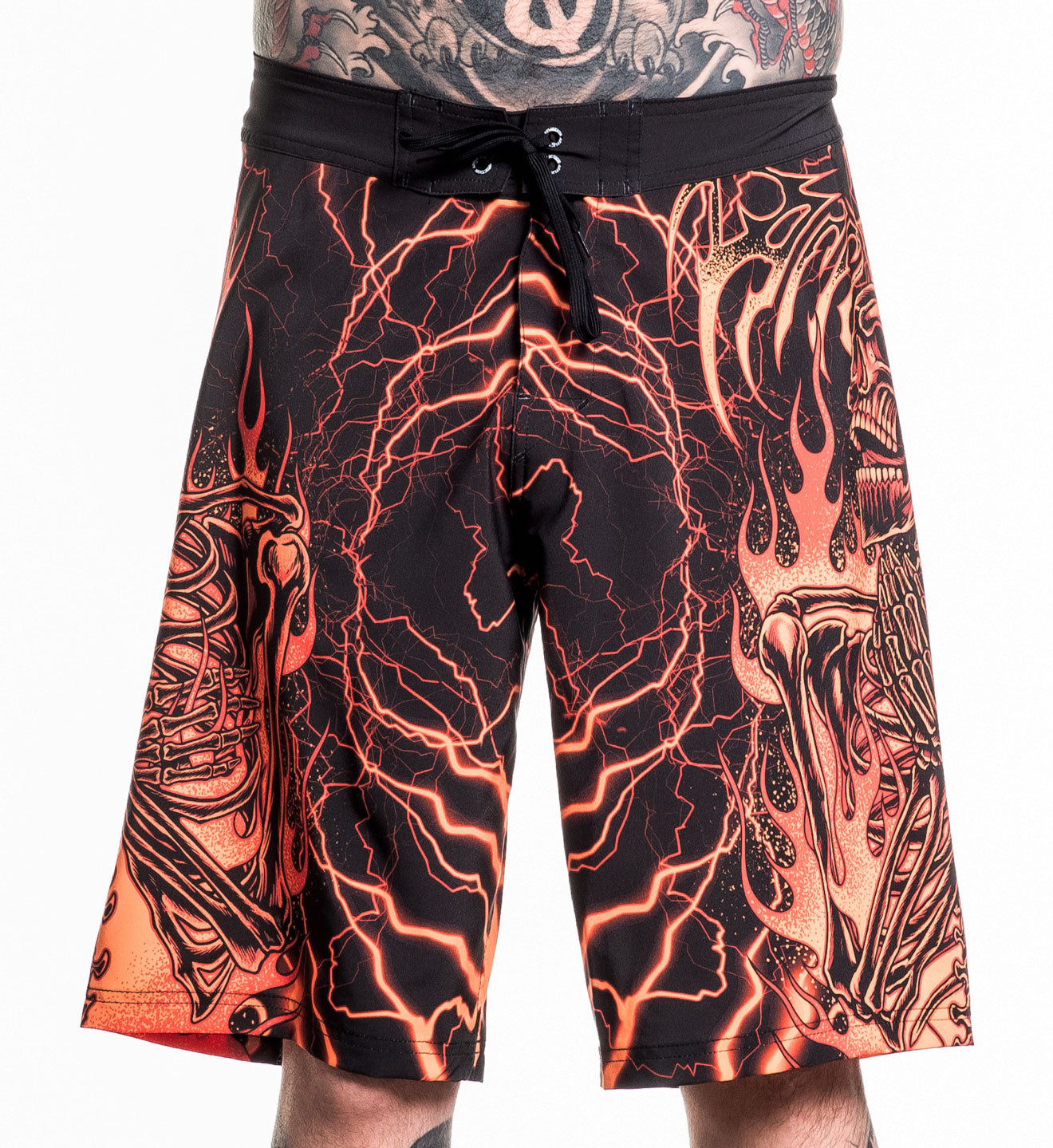 Infernal Nightmare Boardshort with black and orange fiery skeleton design, 92% polyester, 8% spandex, size 32 modeled.