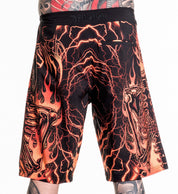 Infernal Nightmare Boardshort with fiery skeleton design in orange and black, made of 92% polyester and 8% spandex stretch fabric.