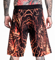 Infernal Nightmare Boardshort featuring fiery skeleton design with 92% polyester 8% spandex 4 way stretch fabric in size 32