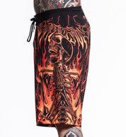 Infernal Nightmare Boardshort with fiery skeleton design, 92% polyester, 8% spandex, 4-way stretch fabric in size 32.
