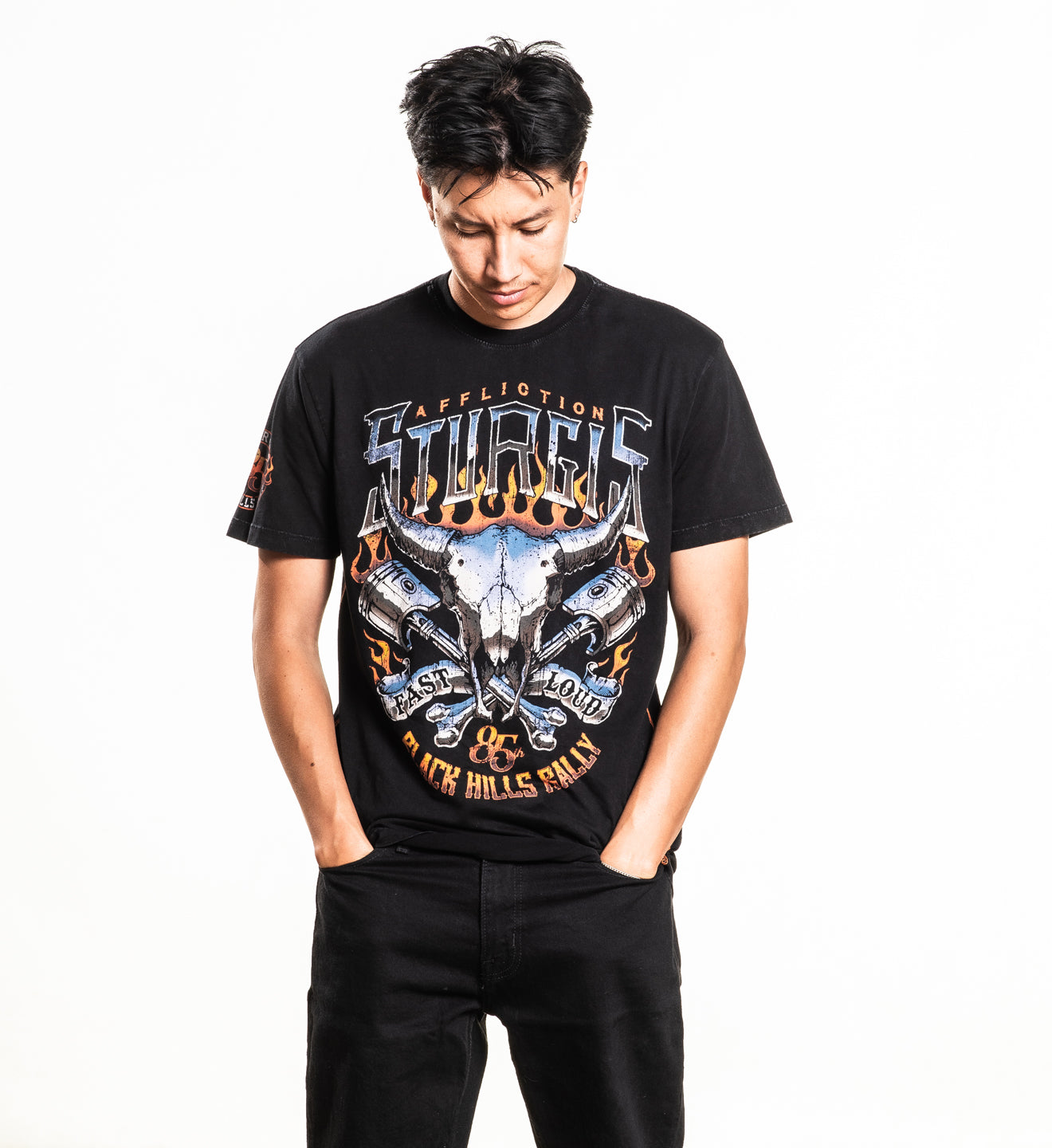 Stylish Affliction Men's Sturgis 85 short-sleeve tee in black lava wash, featuring a bold graphic print and crew neck design.