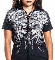 Tribal Scream Top black short sleeve tee with white skull and feather design and front deep braiding detail worn by model