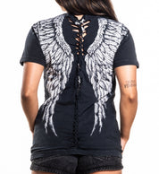 Tribal Scream Top black cotton tee with white wing print and deep braided detail on back worn by model size Small